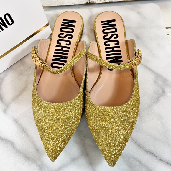 Moschino Pointed Toe Glitter Logo Flats - Picture 4 of 7
